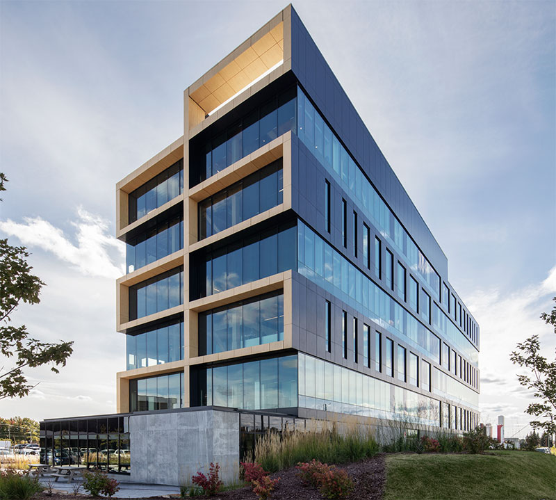 Office building exterior featuring wood and glass construction